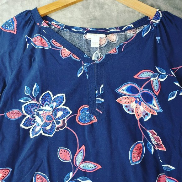 StJohns Bay Womens L Floral Navy Summer 34 Sleeve Boho Casual Lightweight Top - Picture 3 of 9